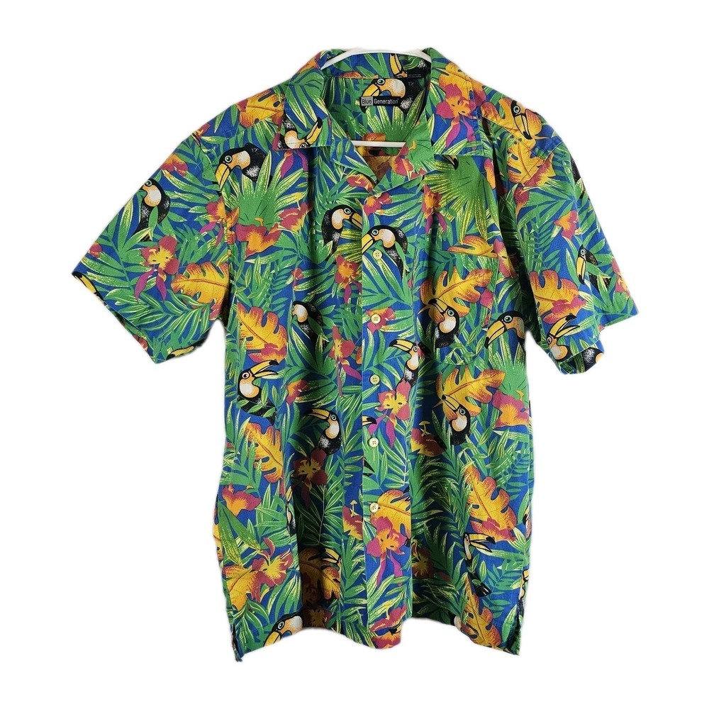 Blue Generation Hawaiian Shirt Men Green Blue Toucan Foliage Sz Medium